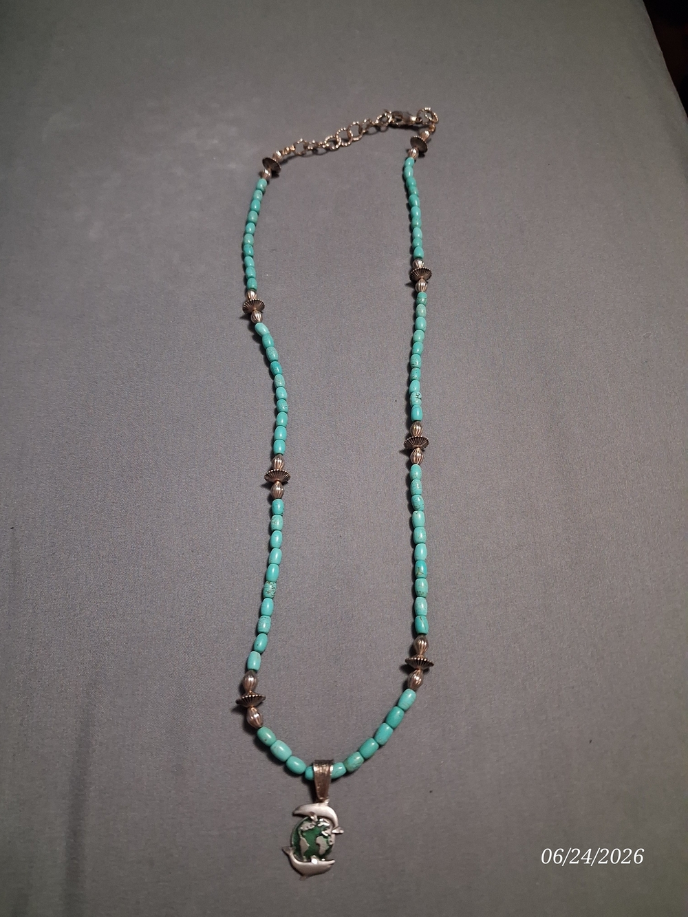 Turquoise Bead Necklace with Silver Tone Charm